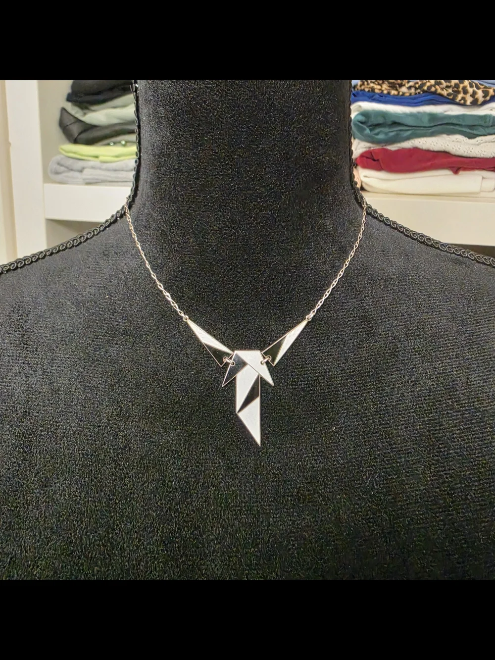 Vintage Sterling Silver Geometric Origami Bird Necklace Black White Enamel 925